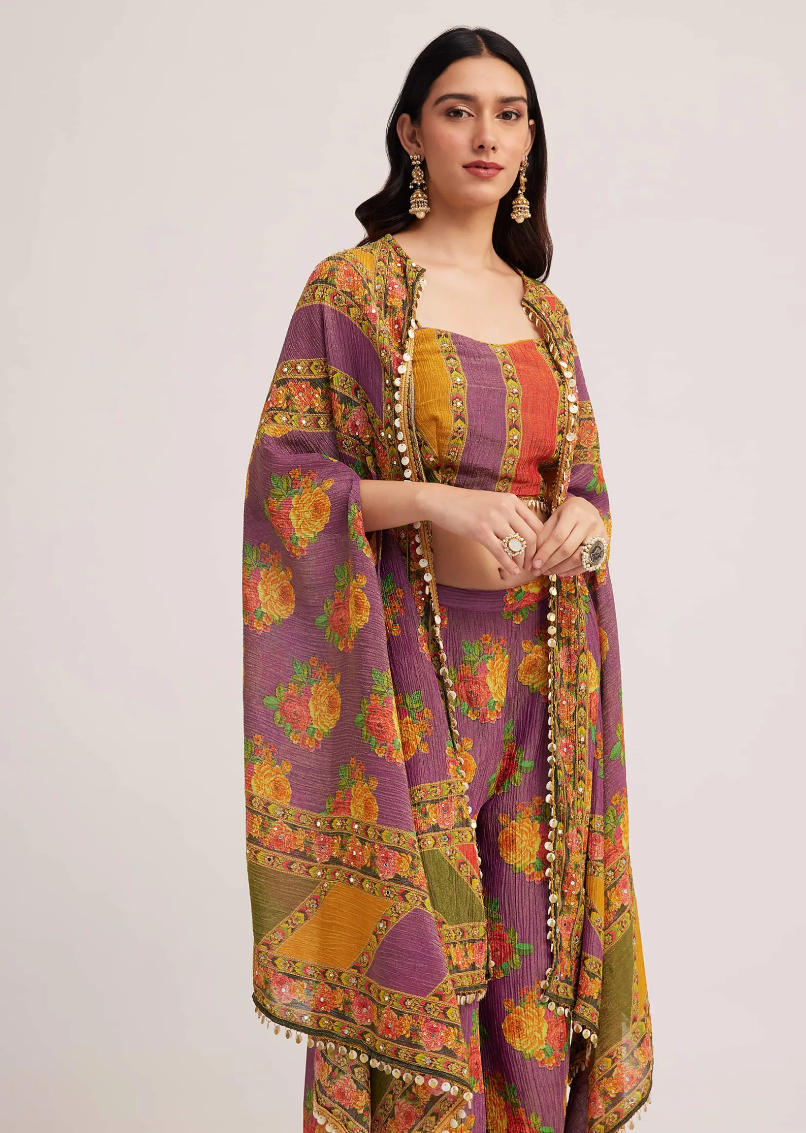 Multicolour Printed Crop Top Palazzo And Cape Set