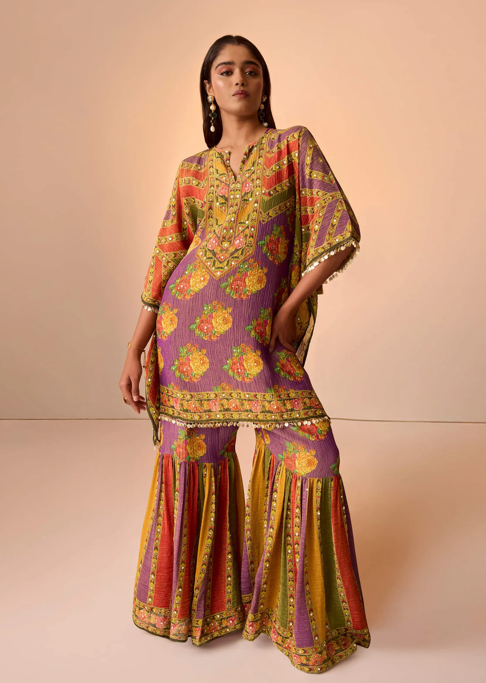 Multicolour Printed Sharara Set In Tissue Fabric