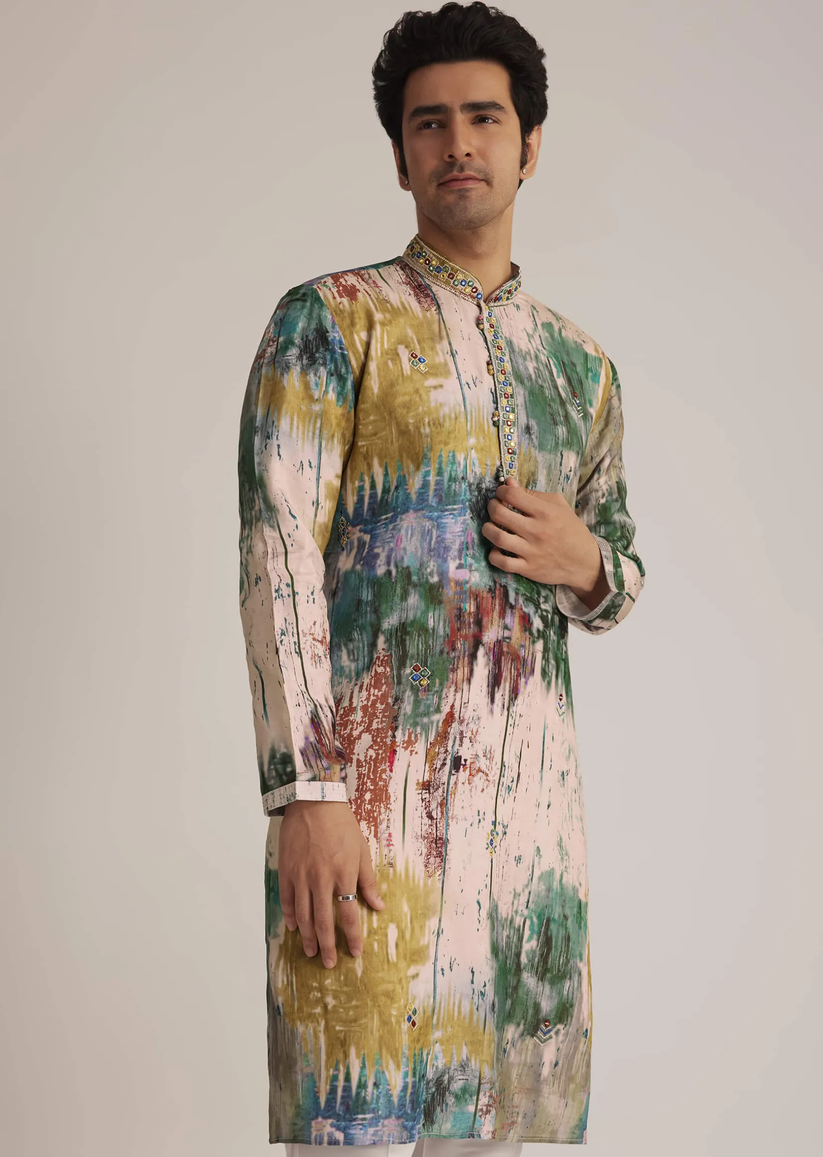 Multicolour Printed Silk Kurta Set