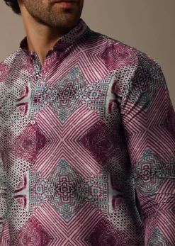 Multicolour Printed Silk Short Kurta Set For Men