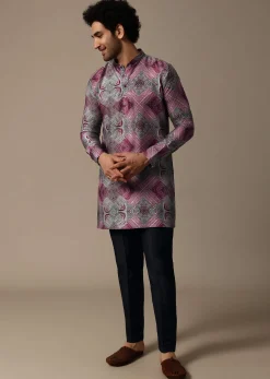 Multicolour Printed Silk Short Kurta Set For Men