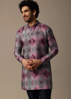 Multicolour Printed Silk Short Kurta Set For Men