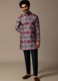 Multicolour Printed Silk Short Kurta Set For Men