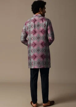 Multicolour Printed Silk Short Kurta Set For Men