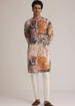 Multicolour Printed Silk Kurta Set With Mirror Work