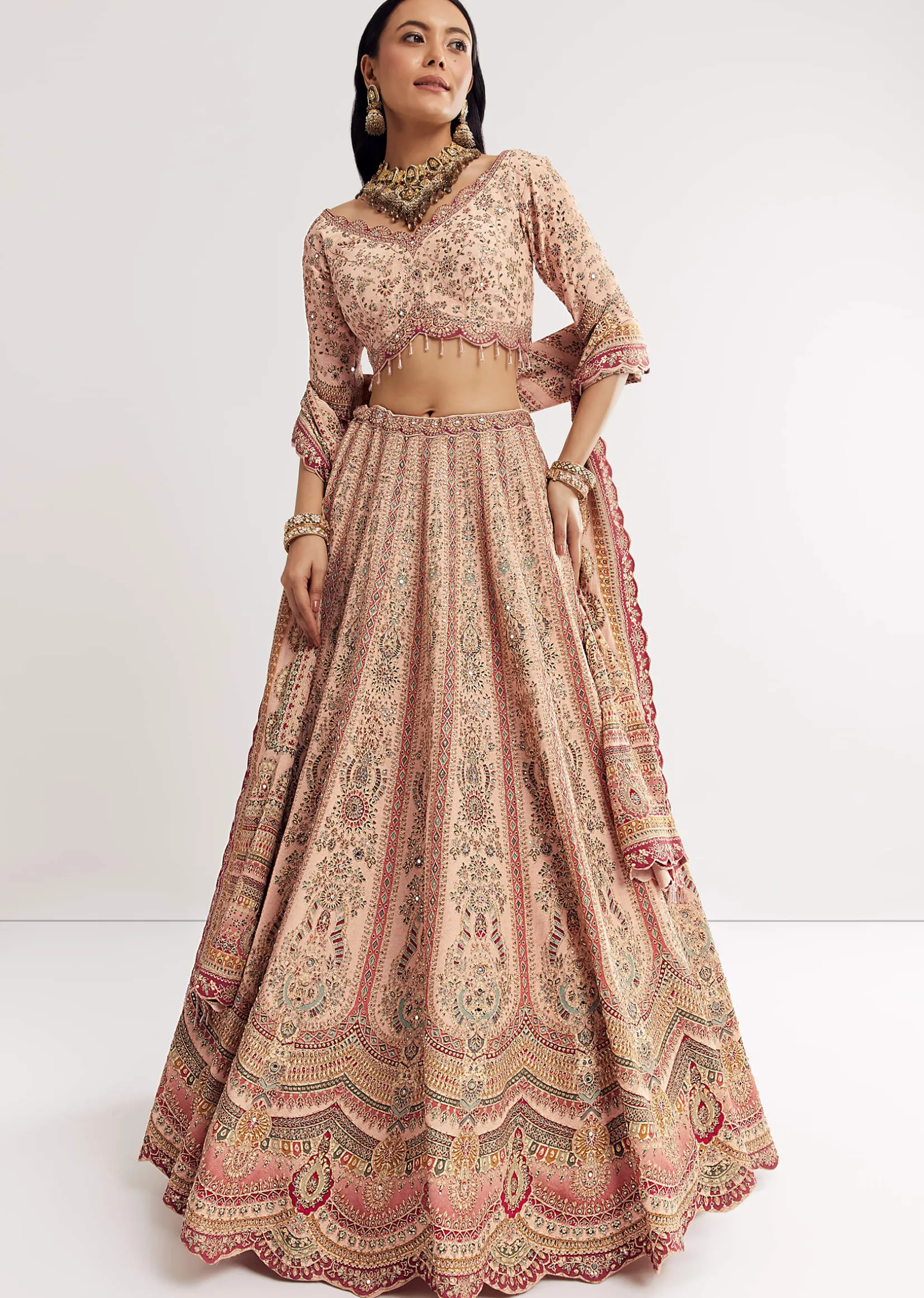 Multicolour Printed Stone Cutdana Embroidered Lehenga With Crepe Dupatta