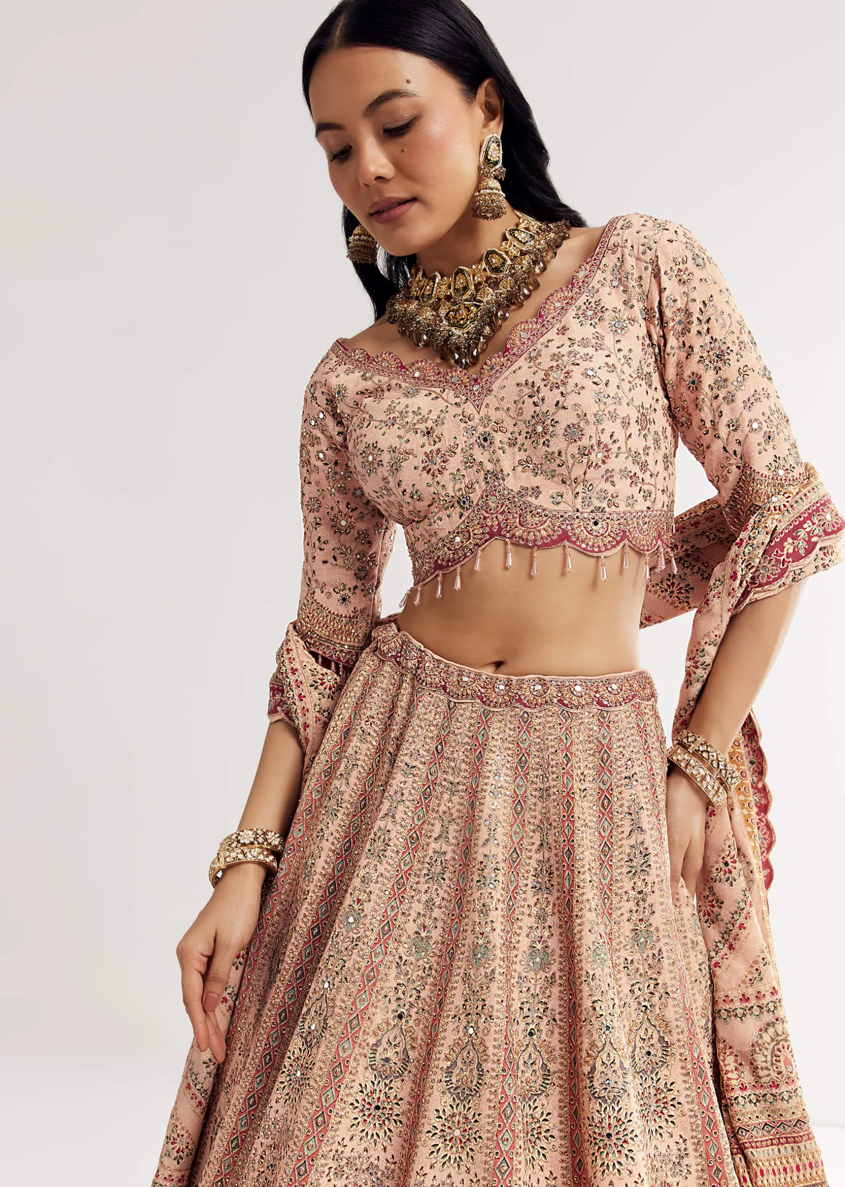 Multicolour Printed Stone Cutdana Embroidered Lehenga With Crepe Dupatta