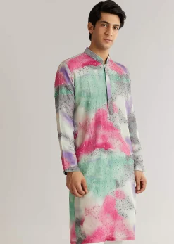 Multicolour Silk Abstract Printed Kurta Set With Sequins