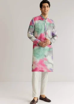 Multicolour Silk Abstract Printed Kurta Set With Sequins