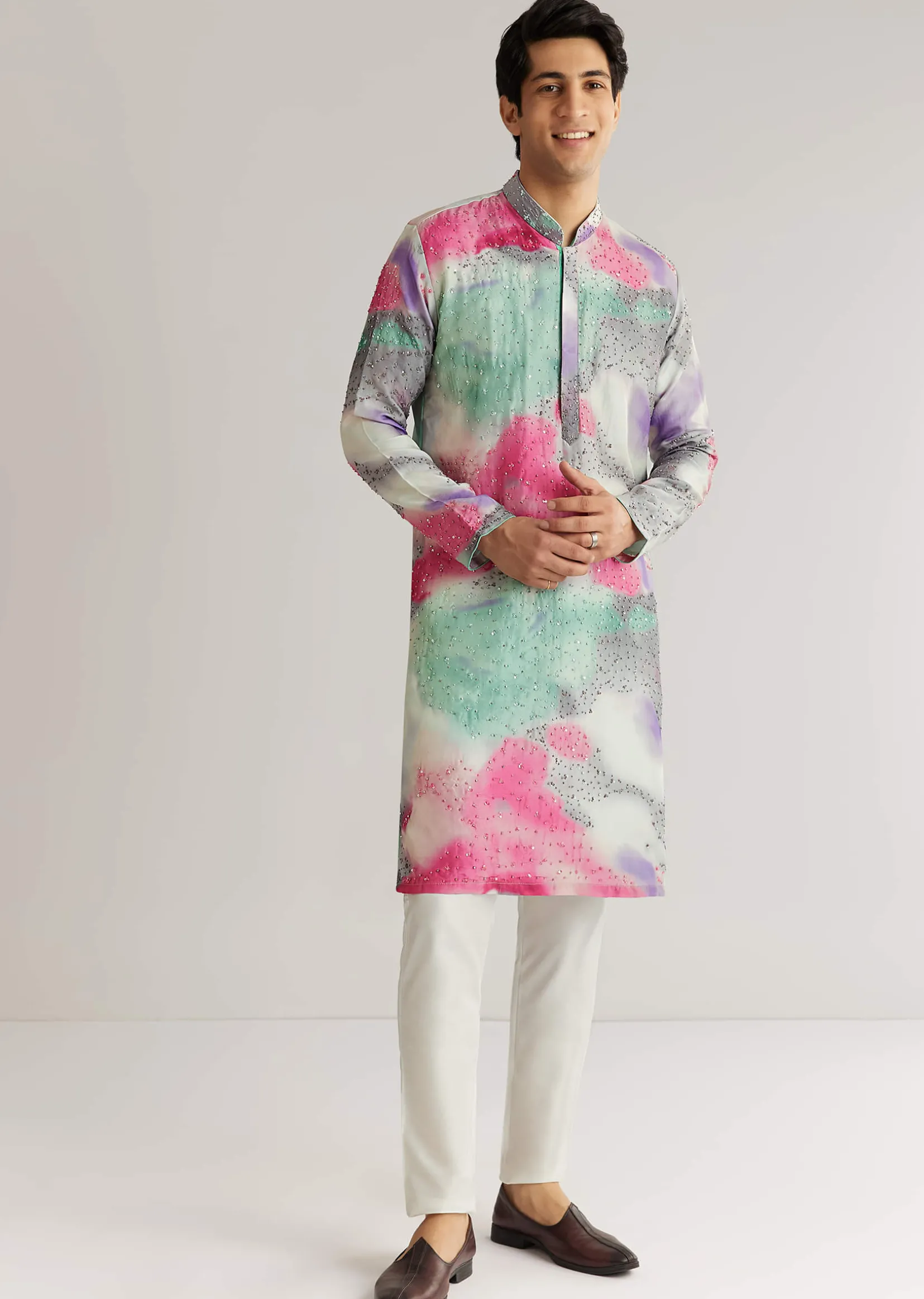 Multicolour Silk Abstract Printed Kurta Set With Sequins