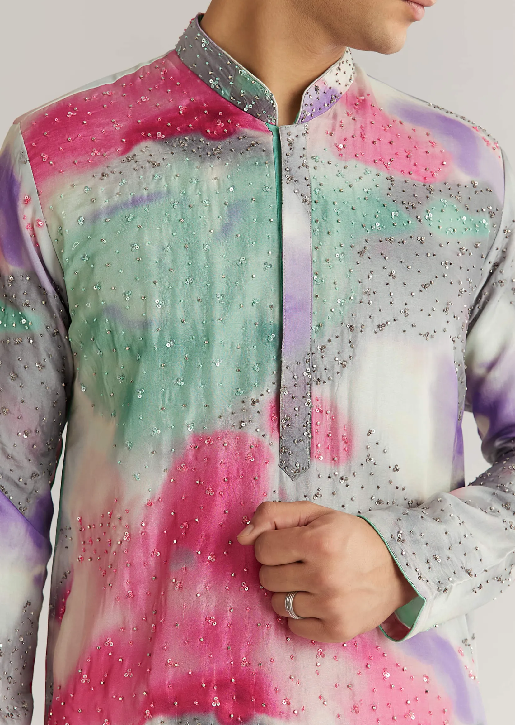 Multicolour Silk Abstract Printed Kurta Set With Sequins