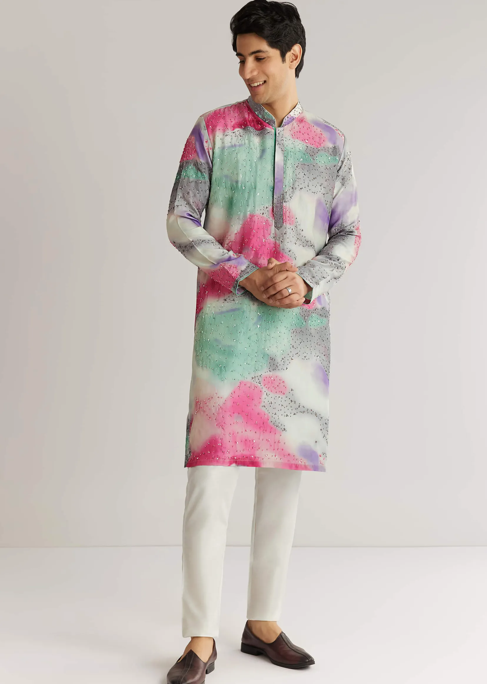 Multicolour Silk Abstract Printed Kurta Set With Sequins