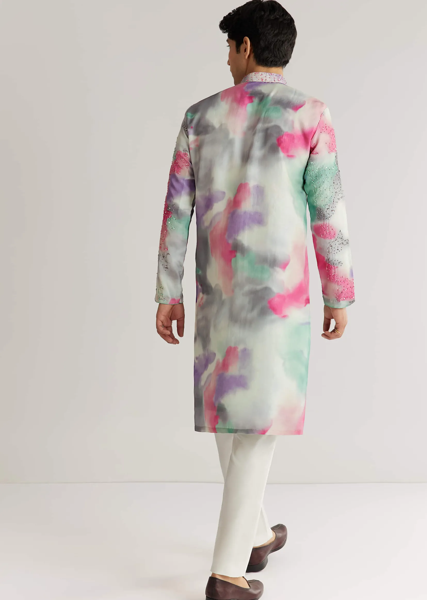 Multicolour Silk Abstract Printed Kurta Set With Sequins