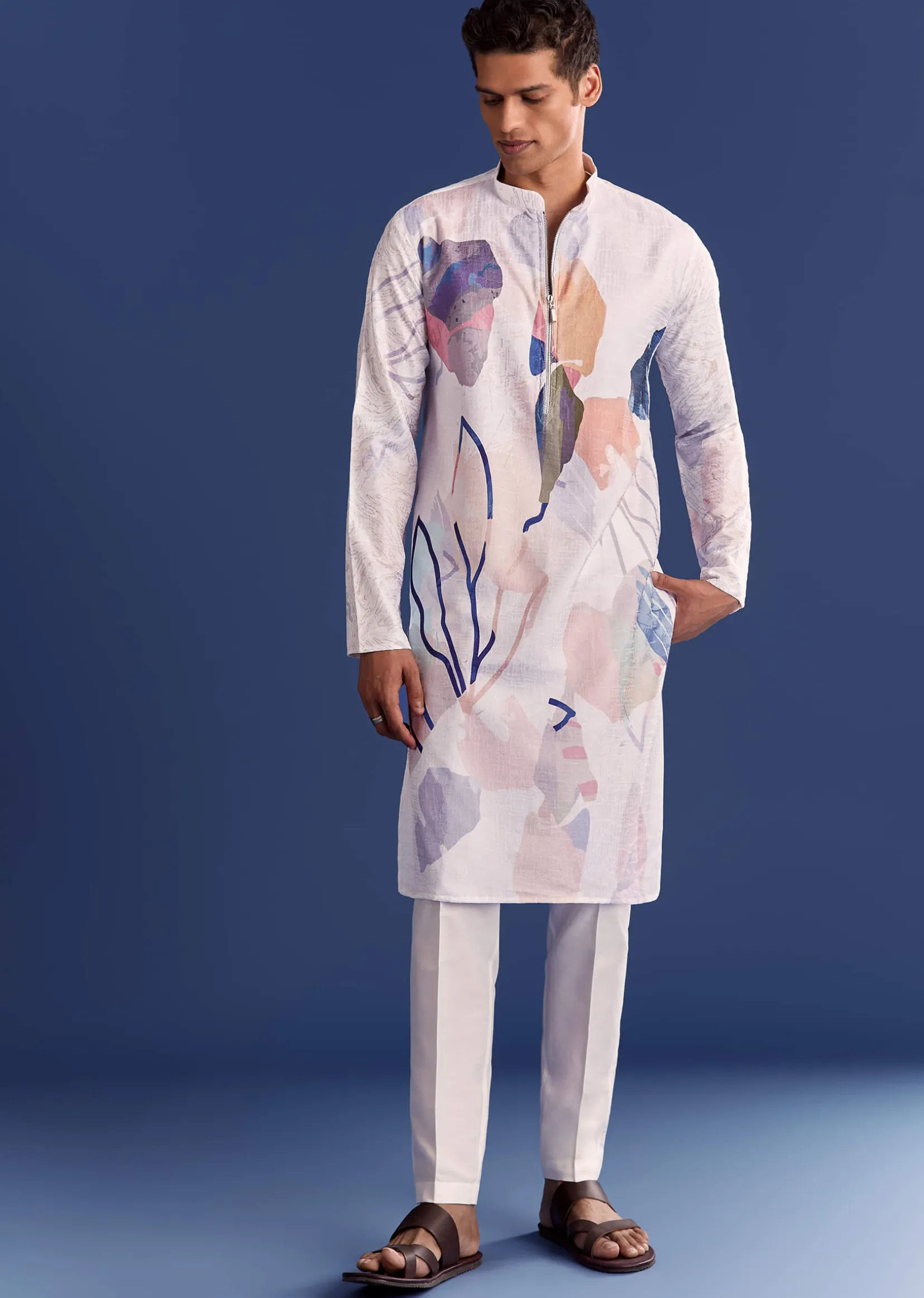 Multicolour Silk Kurta Set With Abstract Print