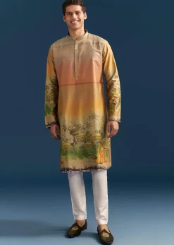 Multicolour Silk Kurta Set For Men With Pichwai Print
