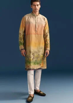 Multicolour Silk Kurta Set For Men With Pichwai Print