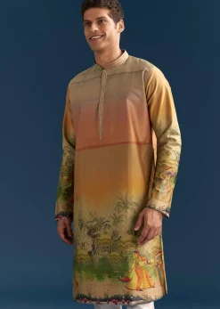 Multicolour Silk Kurta Set For Men With Pichwai Print