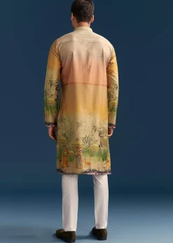 Multicolour Silk Kurta Set For Men With Pichwai Print