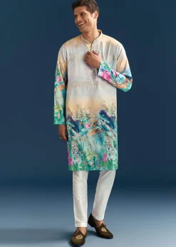 Multicolour Silk Kurta Set For Men With Ombre Print