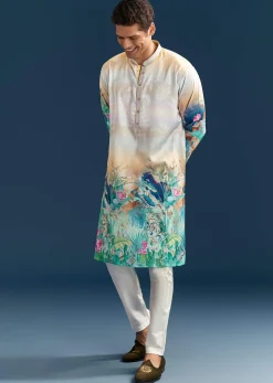 Multicolour Silk Kurta Set For Men With Ombre Print