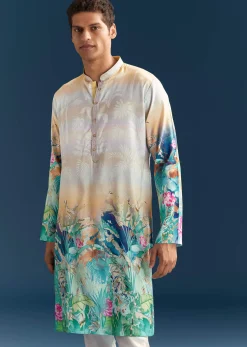 Multicolour Silk Kurta Set For Men With Ombre Print