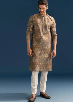 Multicolour Silk Printed Kurta Set For Men With Foil Butti Work