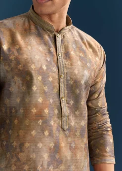 Multicolour Silk Printed Kurta Set For Men With Foil Butti Work