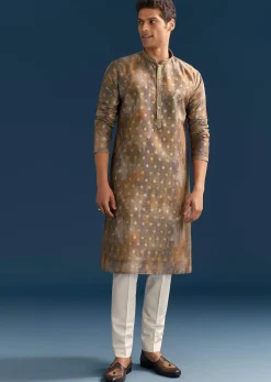 Multicolour Silk Printed Kurta Set For Men With Foil Butti Work