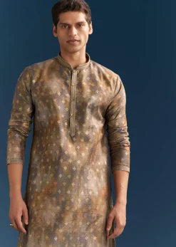 Multicolour Silk Printed Kurta Set For Men With Foil Butti Work