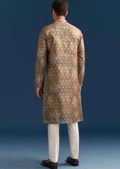 Multicolour Silk Printed Kurta Set For Men With Foil Butti Work