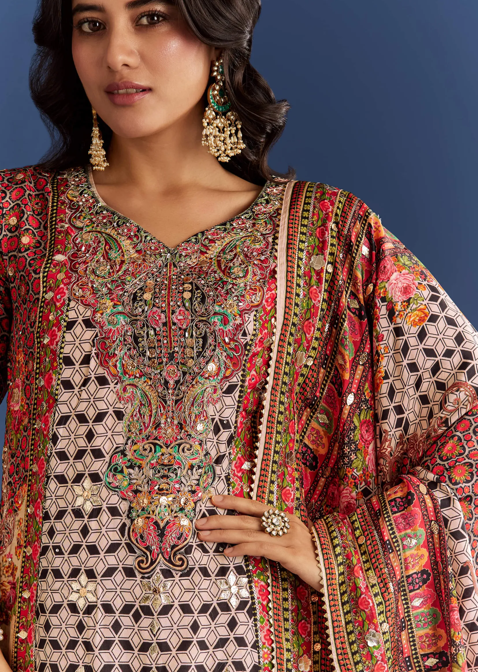 Multicolour Tabby Silk Printed Kurta Palazzo With Dupatta
