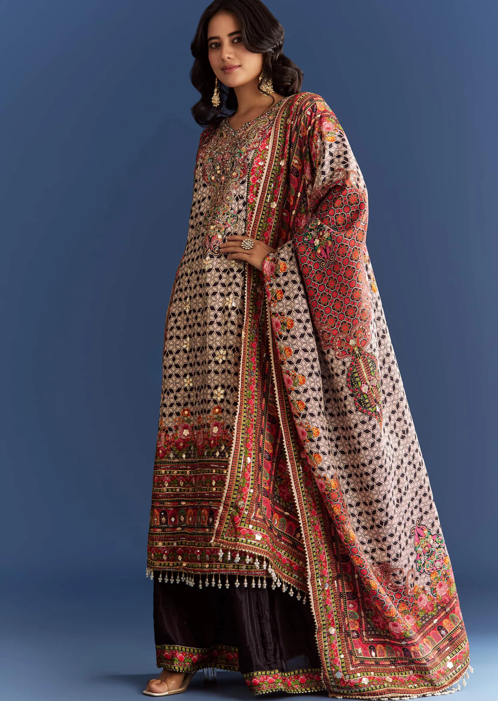 Multicolour Tabby Silk Printed Kurta Palazzo With Dupatta