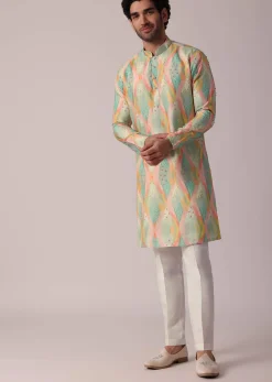Multi-Coloured Festive Silk Kurta Set For Men