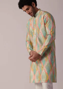 Multi-Coloured Festive Silk Kurta Set For Men