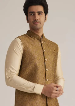 Mustard Brocade Nehru Jacket Set With Paisley Detailing