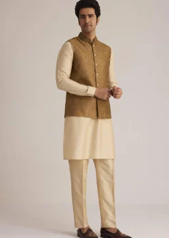 Mustard Brocade Nehru Jacket Set With Paisley Detailing