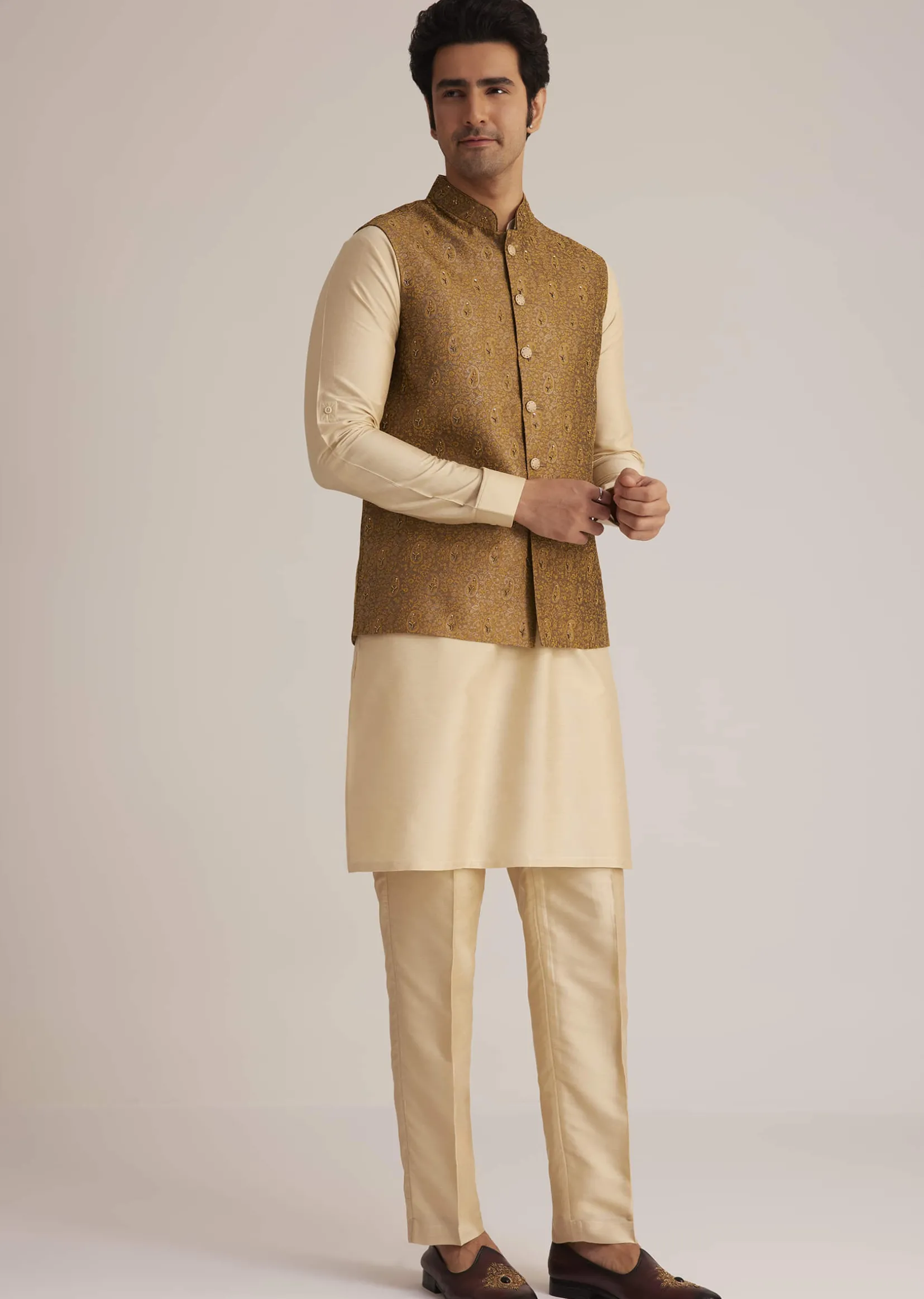 Mustard Brocade Nehru Jacket Set With Paisley Detailing