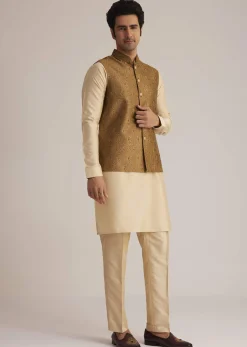 Mustard Brocade Nehru Jacket Set With Paisley Detailing
