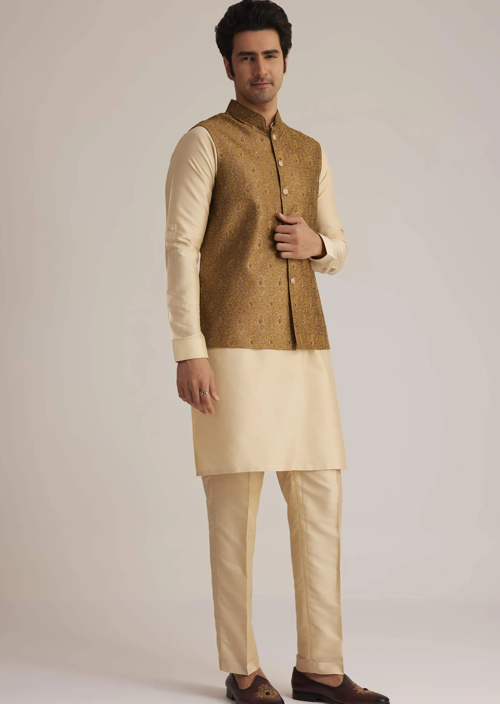 Mustard Brocade Nehru Jacket Set With Paisley Detailing