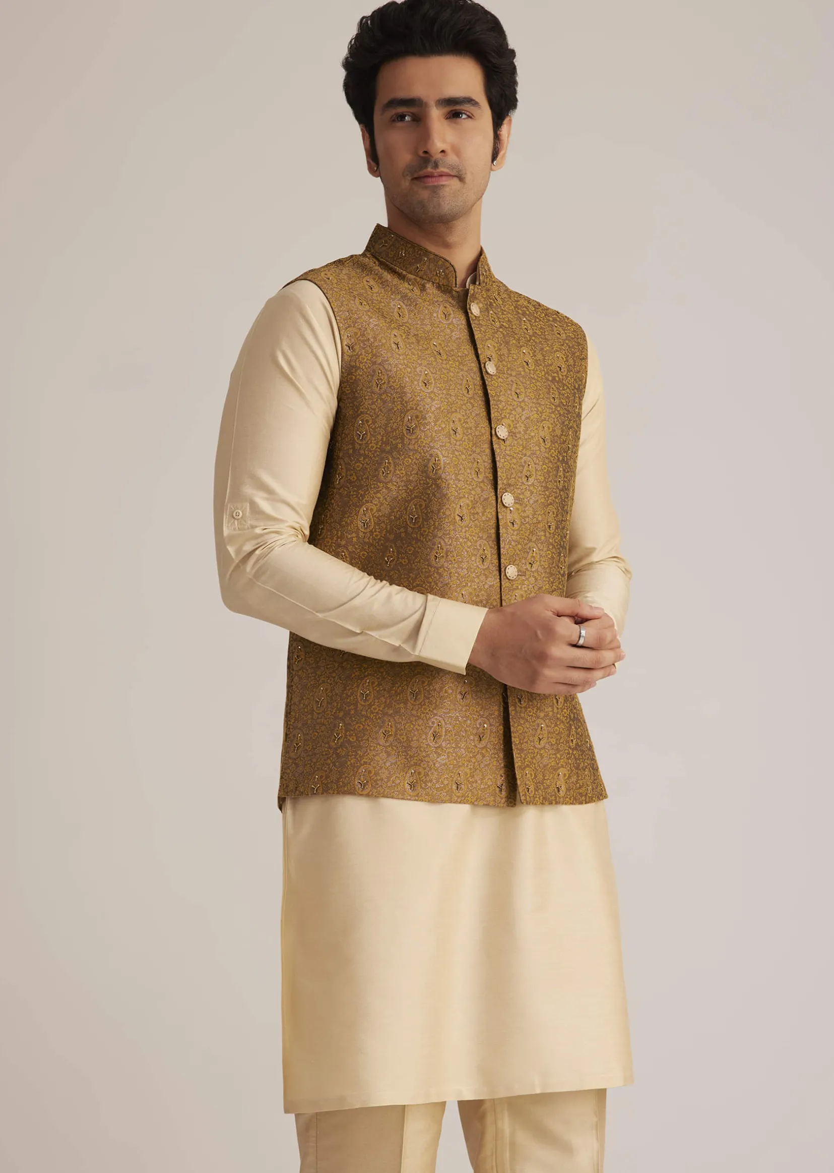 Mustard Brocade Nehru Jacket Set With Paisley Detailing