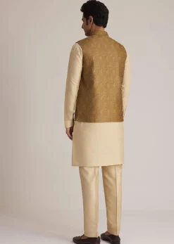 Mustard Brocade Nehru Jacket Set With Paisley Detailing