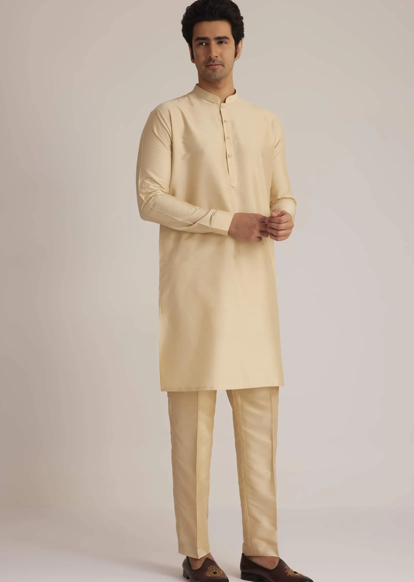 Mustard Brocade Nehru Jacket Set With Paisley Detailing