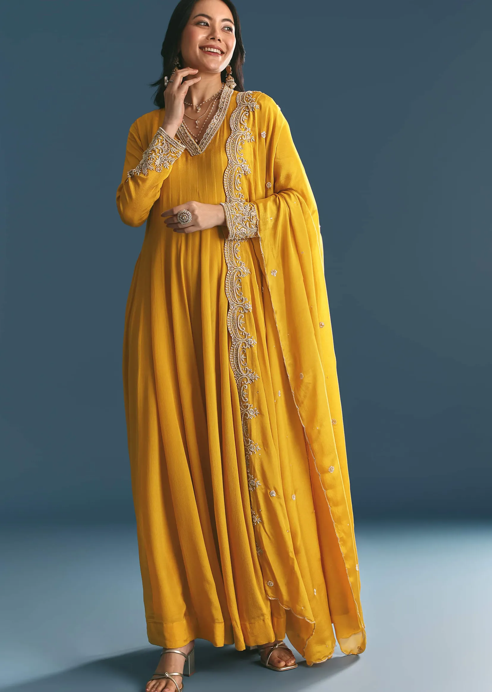 Mustard Chinon Anarkali Suit With Zardosi Work Dupatta