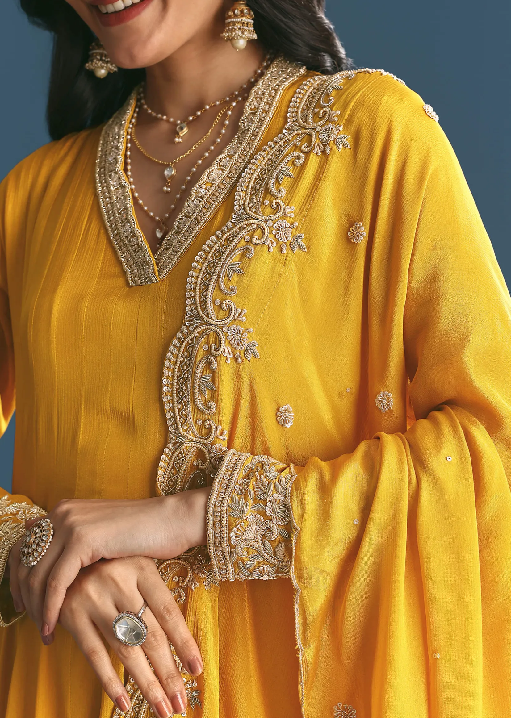 Mustard Chinon Anarkali Suit With Zardosi Work Dupatta