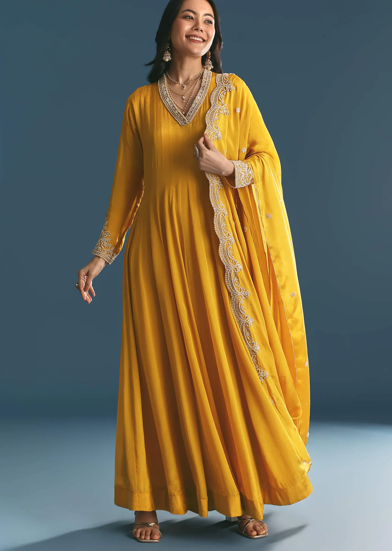 Mustard Chinon Anarkali Suit With Zardosi Work Dupatta