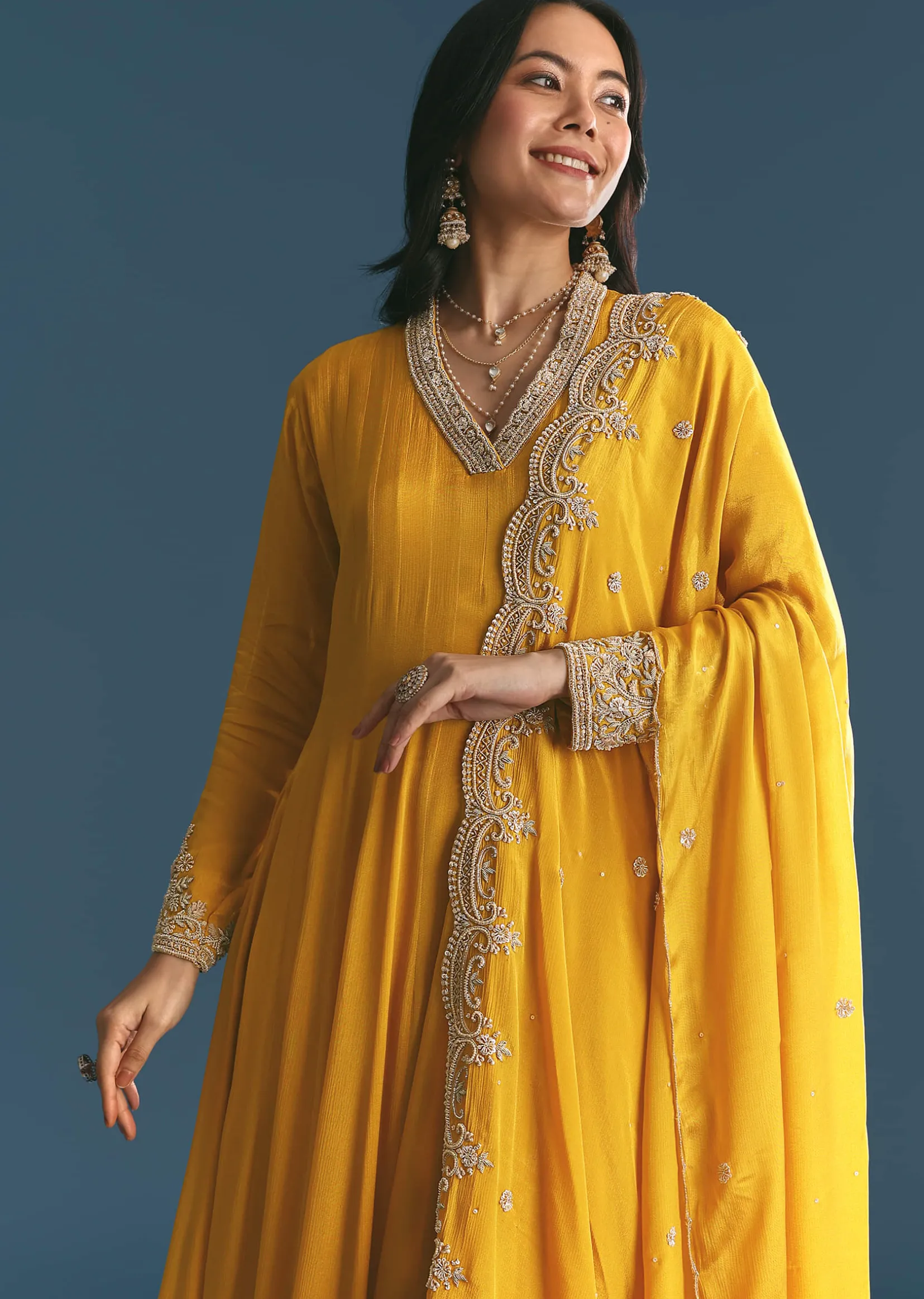 Mustard Chinon Anarkali Suit With Zardosi Work Dupatta