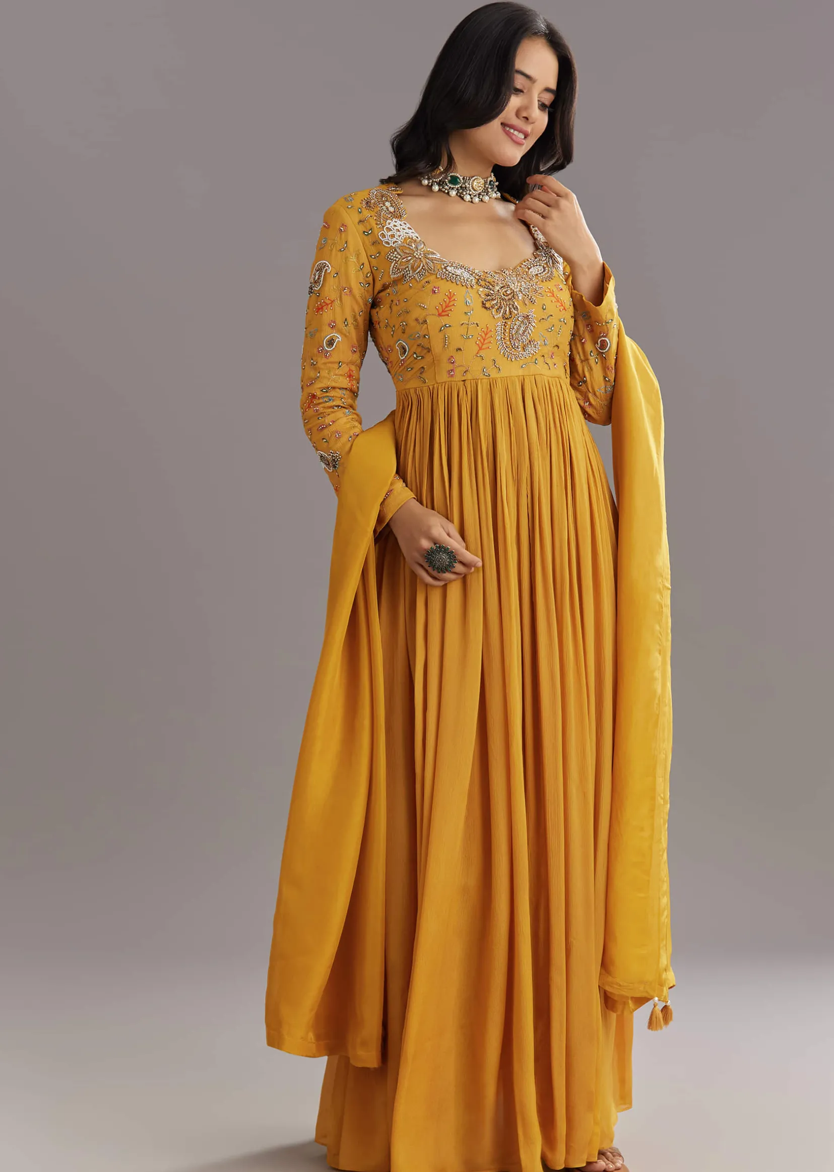 Mustard Chinon Anarkali Set With Moti Zari and Cut Dana Embroidery