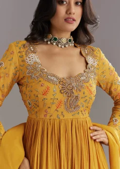 Mustard Chinon Anarkali Set With Moti Zari and Cut Dana Embroidery