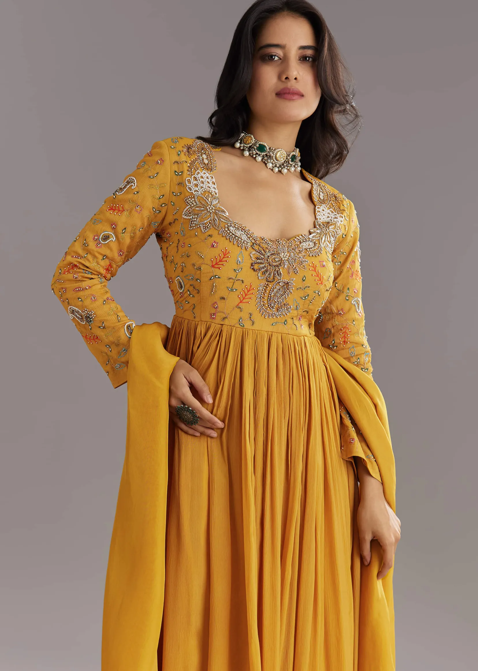 Mustard Chinon Anarkali Set With Moti Zari and Cut Dana Embroidery