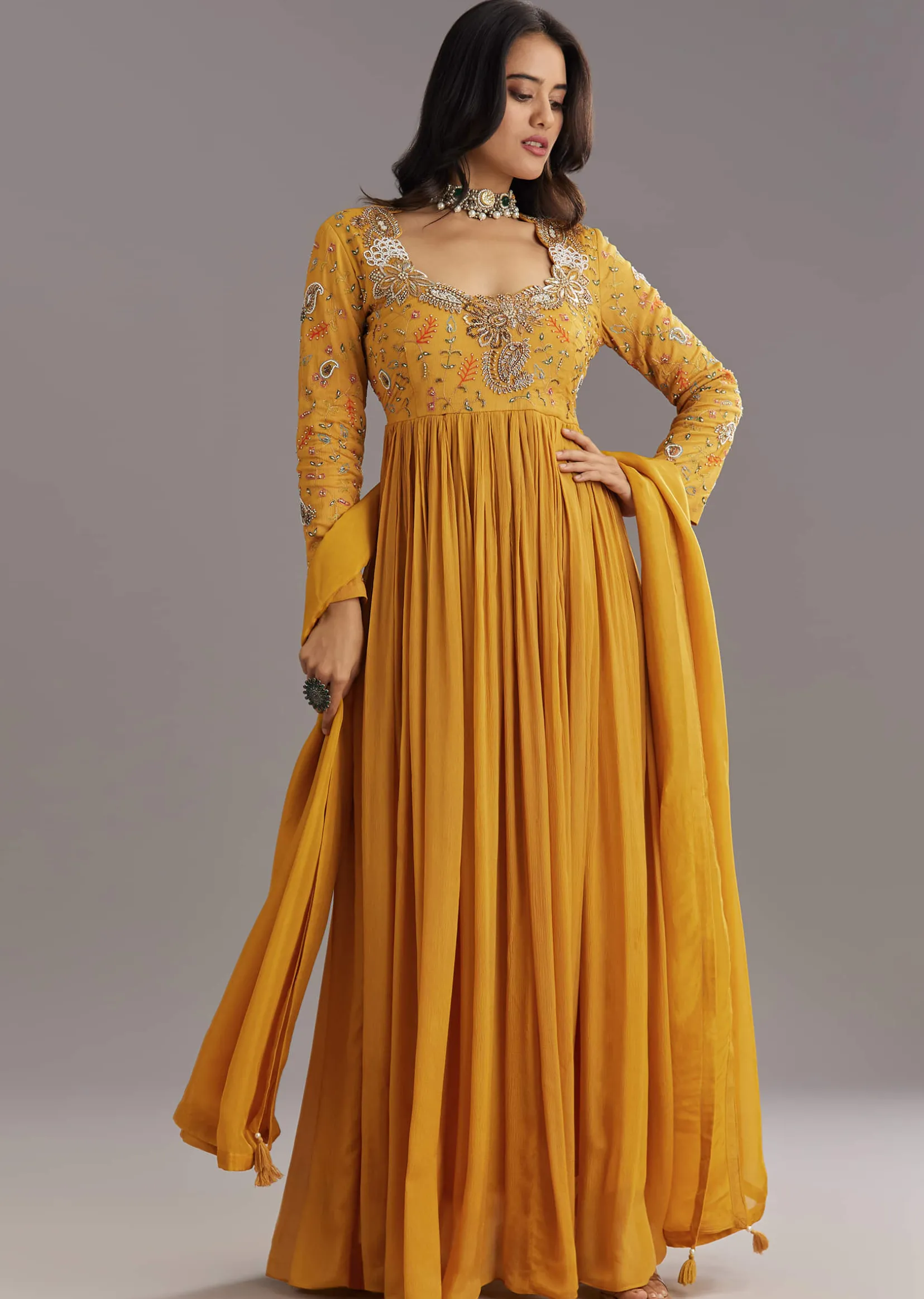 Mustard Chinon Anarkali Set With Moti Zari and Cut Dana Embroidery